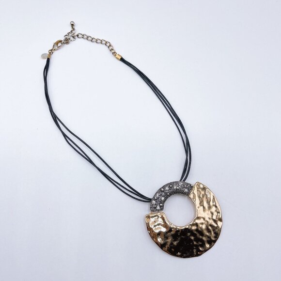 Chico's Jewelry - Chico's Hammered Gold Silver Tone Pendant Necklace Adjustable Black Cord